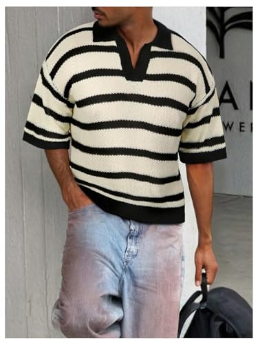 Men's Striped Short Sleeve Golf Sweater Casual Collar Lapel V Neck Knit Pullover Tops3