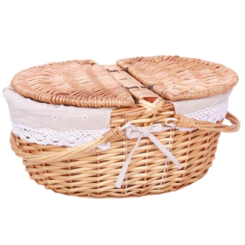 Wicker Picnic Basket with Removable Liner, Wicker Basket with Lid and Handle for Picnic, Camping, Outdoor, Halloween, Thanks Giving, Birthday