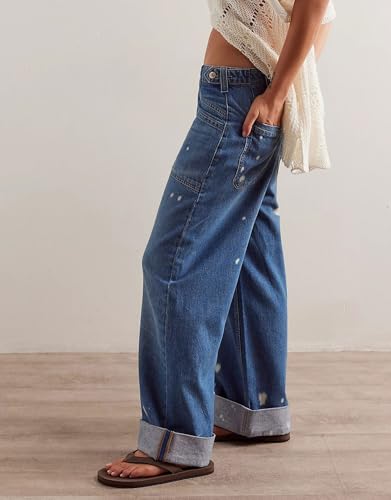 D-Sun Women Wide Leg Jeans Mid Rise Casual Straight Leg Denim Pants Baggy Boyfriend Cargo Jeans with Pockets4