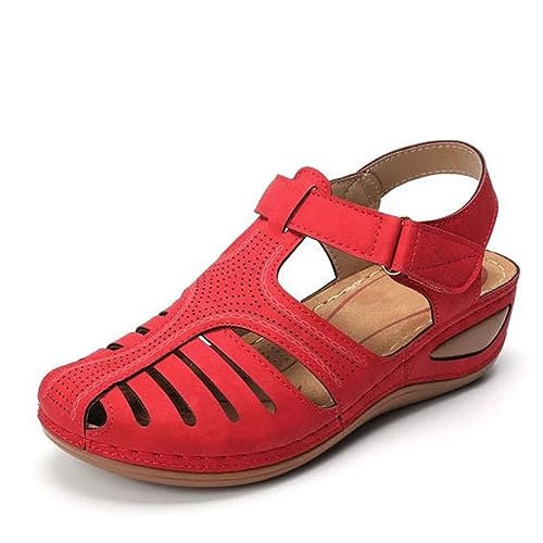 Sandalias de cuña para mujer, de piel, puntera abierta, con tiras, ajuste ancho, suaves, cómodas, de verano, antideslizantes, para caminar, talla del Reino Unido, informales, ligeras, Red, 41 EU
