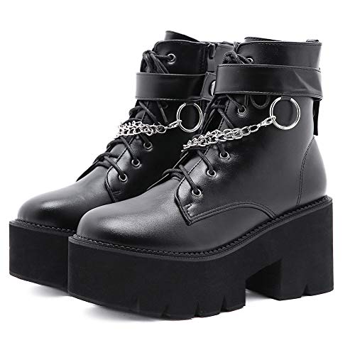 Womens Chunky Platform Ankle Boots For Women Punk Chain High Heel Fashion Boots Lace Up Zip Square Toe Combat Boots