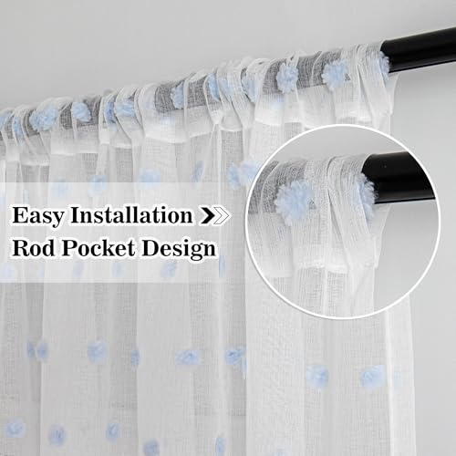 Image of MYSKY HOME Blue Pom Pom Sheer Curtains for Living Room 84 Inches 2 Panels