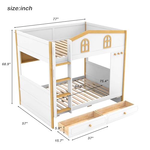 Image of Merax Full Over Full Size House Bunk Bed with Storage Shelves & 2 Drawers, Solid Wood Space-Saving Loft Bed Frame with Safety Guardrails for Bedroom, White+Natural