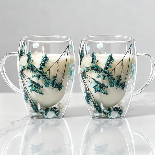 Lxoraziy 350ml Dried Flower Double Walled Glass Mugs - Set of 2 Insulated Coffee Mugs with Handles
