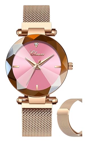 Montre magnétique femme en maille acier rose avec cadran cristal ajustable