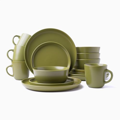 MÜLLERHEIM 903 Minimalist Collection Service de table contemporain 16 pièces en céramique pour 4 personnes, olive grecque, 16 assiettes et bols, assiettes plates, salades, bols et tasses