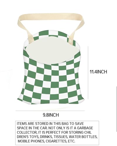 Image of Car Trash Can, Durable Hanging Car Trash Garbage Bag, Cute Automotive Garbage Cans Organizer, White Green Checkerboard