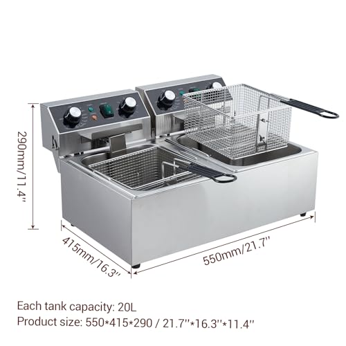 GarveeHome Commercial Deep Fryer - Dual Tanks, 2 Frying Baskets, 21QT/ 20L Capacity, 3600W, 110V, w/Timer and Overheat Protection, 2 x 10L Countertop Fryers for Restaurant