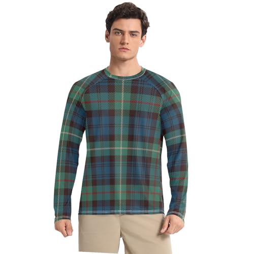 Blue Green Plaid Men's UPF 50+ Quick Drying Round Neck Mens Sun Protection Long Sleeve Water Fishing