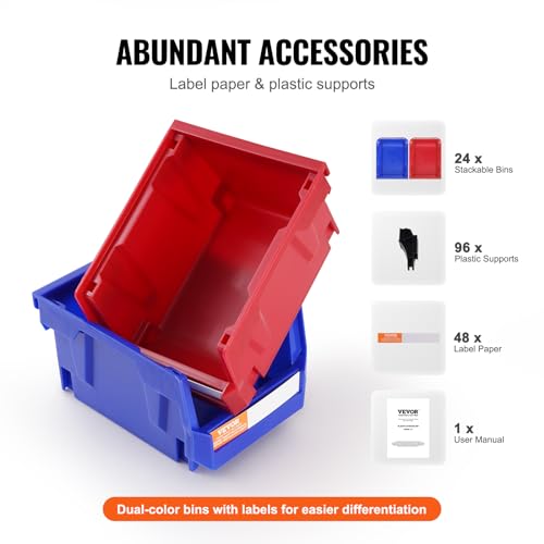 VEVOR Plastic Storage Bin, (5-Inch x 4-Inch x 3-Inch), Hanging Stackable Storage Organizer Bin, Blue/Red, 24-Pack, Heavy Duty Stacking Containers for Closet, Kitchen, Office, or Pantry Organization