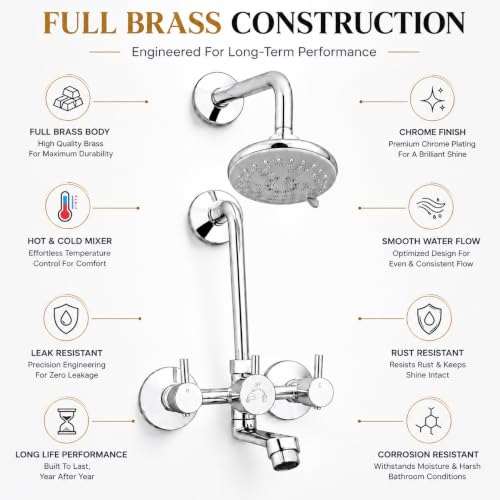 Image of iRiS Full Brass Wall Mixer Tap with Overhead Shower System Set | 100% Brass Bathroom Faucet with 125mm Long Bend Pipe | Chrome Finish Wall-Mounted Hot & Cold Water Mixer