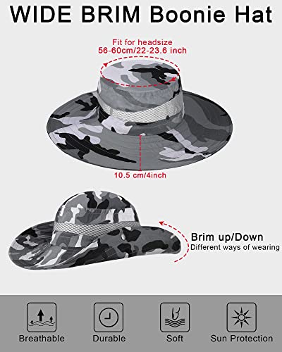 4 Pcs Wide Brim Boonie Hat For Man Sun Protective Mesh Foldable Camo Bucket Hats Adjustable Chin Strap Fishing Hats Army Style Solid Color Bush Jungle Sun Fishing Cap For Hunting Camp Military Beach #TOP1
