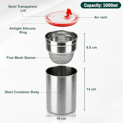 Image of JD Fresh Stainless Steel Greek Yogurt and Hung Curd Maker /Airtight Storage Container with Multipurpose Food & Oil Strainer /BPA Free Fine Mesh Stainer for Thik Homemade Curd,Panner & More (1000 ML)