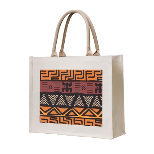 African Tribal Mudcloth Canvas Tote Bag For Women - Washable Reusable Bag With Wide Comfort Handles, Ideal For Camping, Beach & Groceries