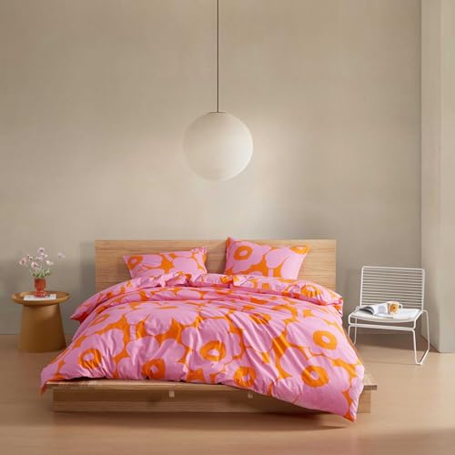 Image of MARIMEKKO - Queen Duvet Cover Set, Soft Cotton Bedding for Year Round Comfort, 3 Piece Floral Bed Set with Matching Pillowcases (Unikko Pink /Orange)