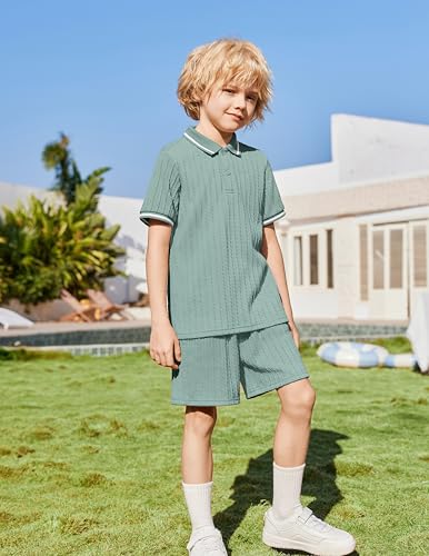 Image of Arshiner Boys 2 Piece Outfits Button Polo Shirt & Elastic Shorts 4-13 Years