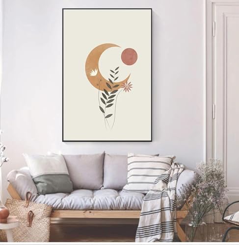 Affiche sur toile abstraite lune soleil KEBIA orange brûlé bohème pour salon 60x90cm