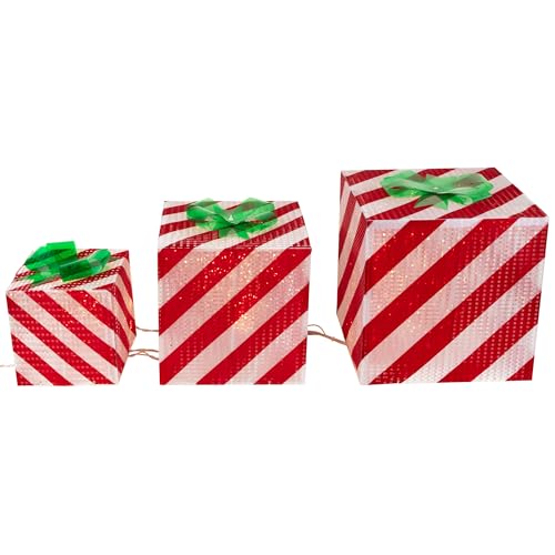 Set of 3 Lighted White and Red Striped Gift Box Outdoor Christmas Decorations