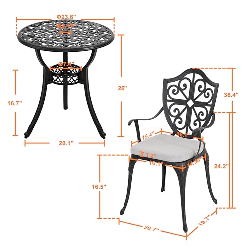 Image of NUU GARDEN Outdoor 3-Piece Bistro Set with Cushions, Round 24 Inch Cast Aluminum Bistro Table with 2.17 inch Umbrella Hole, 2 Cast Aluminum Bistro Chairs, for Patio, Garden, Backyard and Balcony, Black