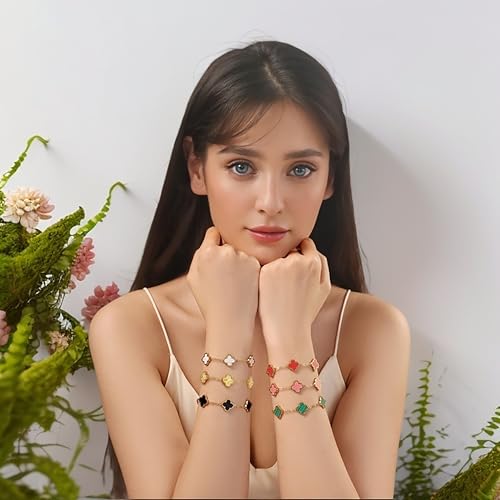 (Sturdy Version) 18K Gold Plated Bracelets for Women Men (Double Sided) Four Leaf Clover Cute Trendy Lucky Braclet (Adjustable) Fit Wrist Within 8 Inch, Gold White Black Green Blue Red Pink3