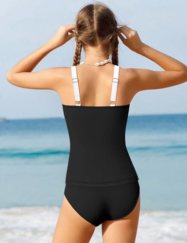 Image of Girls Tankini Swimsuit Solid Color Blocking Two Piece Bathing Suit Ruched Slimming Teen Girls' Swimwear for 9-18Years
