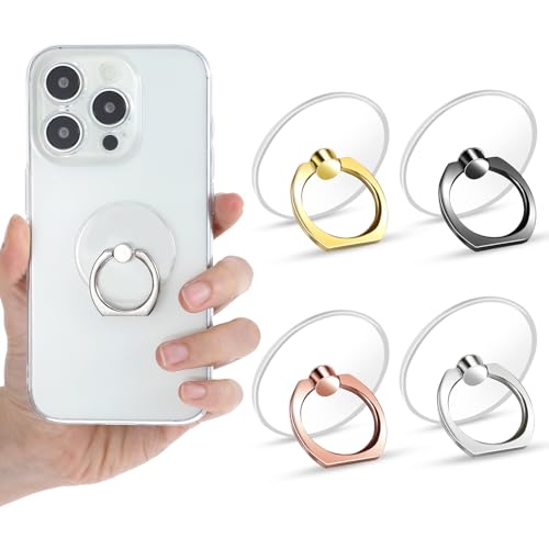 Bremorou - Lot de 4 anneaux de support de téléphone transparents avec boucle de préhension - Rotation à 360 degrés - Compatible avec différents téléphones portables ou tablettes