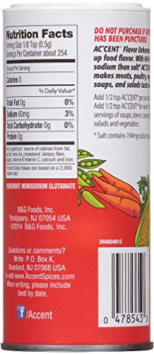 Ac'cent Flavor Enhancer 00054 All Natural 4.5 Oz. Wakes Up Food Flavor Canister (Pack of 2); Ideal for Meats, Poultry, Vegetables, Soups and Salads, Monosodium Glutamate Imparts an Umami Flavor