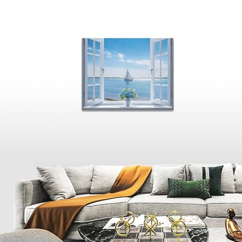 Ocean Bathroom Decor Wall Art Coastal Seascape Hydrangea Pictures Wall Decor Window View Sea Canvas Prints Blue Sky Sailboat Painting Modern Artwork Home Decoration for Bedroom Living Room 16"x12" - Image 4