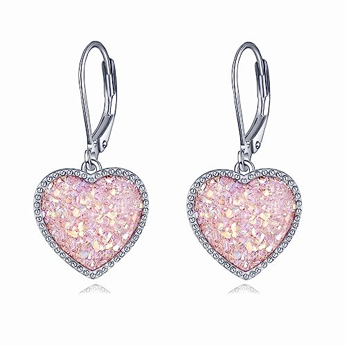 Heart Dangle Earrrings Pink/Blue/Purple Drusy Crystal Leverback Drop Earrings Jewelry Gift for Women