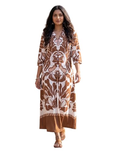 Image of HELLCAT Floral Brown Women Dress|New Trending Dress for Women|Western 3 /4 Sleeve A-line