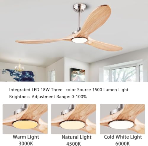 Image of QUTWOB 60 inch 3-Blade Wood Ceiling Fan with Light & Remote, Indoor Outdoor | solid raw wood blades, quiet dc inverter motor, 6-speed reversible remote, 3-color led light, for indoor outdoor patio garage