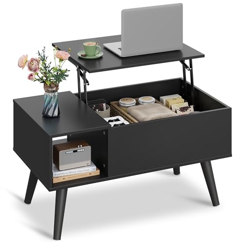 Image of WLIVE Coffee Table for Living Room, Small Coffee Table with Storage, Lift Top Modern Wooden Dining Center Table with Storage Shelf & Hidden Compartment, 31.5 inch Black