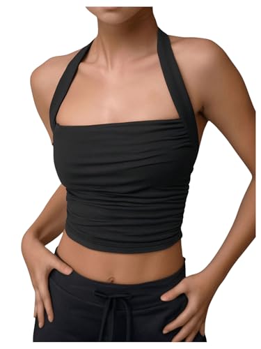SHENHE Girl's Ruched Sleeveless Halter Top Bow Backless Slim Fit Summer Cropped Top