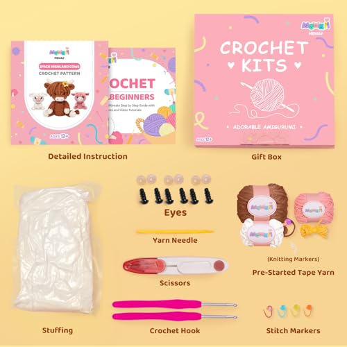 Image of Mewaii Beginner Crochet Kit with 40% Extra Yarn, Pre-Started Yarn & Video Tutorials - 3 Highland Cows Craft Set for Adults & Kids | 40% Extra Yarn, Video Tutorial, Pre-Started Piece, Beginner Friendly, Family Craft Gift for Adults & Kids