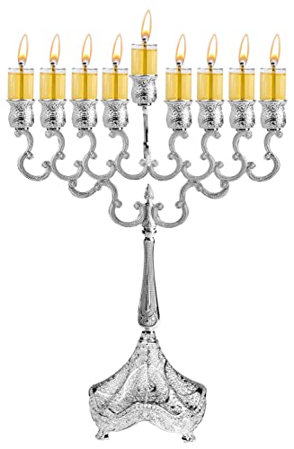 Ner Mitzvah Silver Plated Oil Menorah - Fits Standard Chanukah Oil Cups and Large Candles - Embossed Design - 12” High