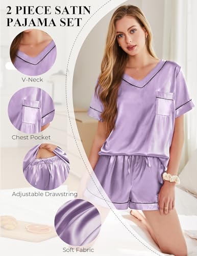 Image of Silk Pajamas for Women Short Sleeve Satin 2 Piece Pj Set Soft V Neck Sleepwear Loungewear, S-XXL