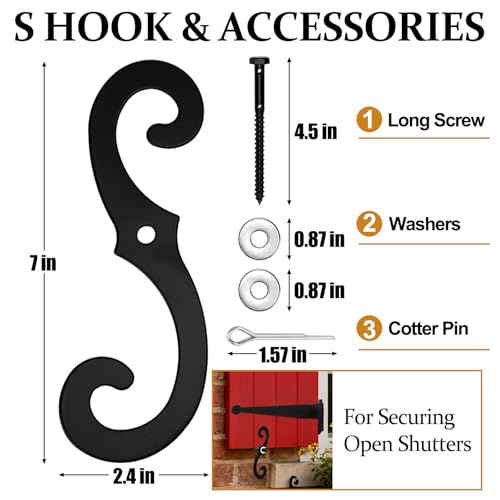 Image of 8 Pack (4 Pair) Steel Blind Shutter Hinges Set 11.75 Inch Black Wrought Iron Shutter Offset Pintle Strap Hinge with 4 S-Hooks, Heavy-Duty Rust-Resistant Hardware Kit