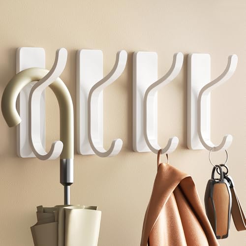 pickpiff Self Adhesive Hooks for Hanging: Heavy Duty Stick On Hooks (Hold 6KG) Coat Hook Towel Hooks for Bathroom Door Hooks Hanging Towel Kitchen Hook Metal White 4 Pack