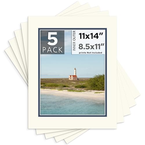 Mat Board Center, 5 Pack 11x14 Double Mat for 8.5x11 Ivory Turret/Blue