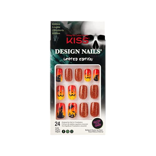 Kiss Gel Fantasy Limited Edition Halloween Design Nails - Red Lamp, Long Length, Coffin Shape, 24 Fake Nails
