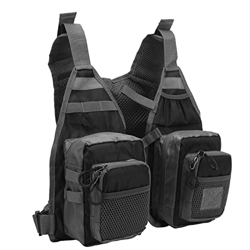 Chaleco de Pesca, Negro Poliéster Chaleco Pesca con Correa de Hombro Ajustable, Múltiples Bolsillos Sacadera Pesca para Pesca con Mosca, Kayak, Piragüismo, Mares y Ríos Rocosos