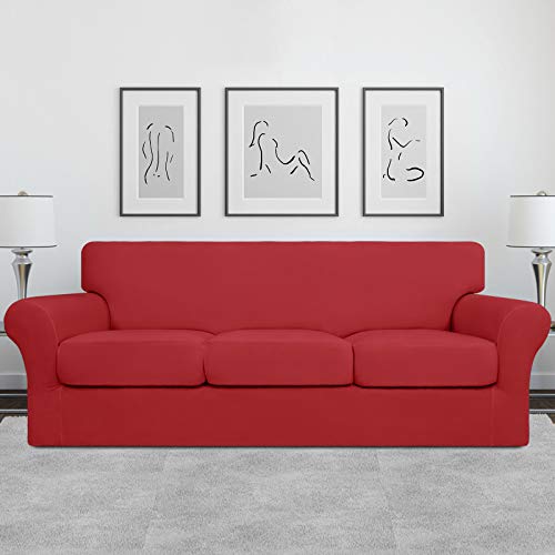 Image of Easy-Going 4 Pieces Stretch Sofa Cover for 3 Cushion Couch Washable | Sofa Slipcover for Stretch 3 Separate Sectional Cushion Couch - Furniture Protector for Pets, Kids Christmas Red