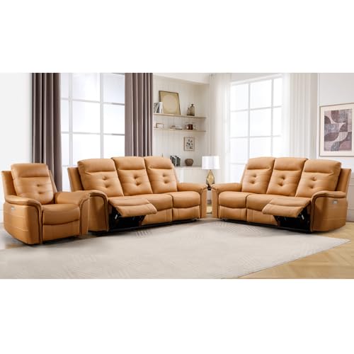 Image of ANJ 3-Piece Faux Leather Power Recliner Sofa Set with USB Charging Ports, Include Single Large Recliner Chair and 2 3-Seater Reclining Couches for Living Room, Yellow