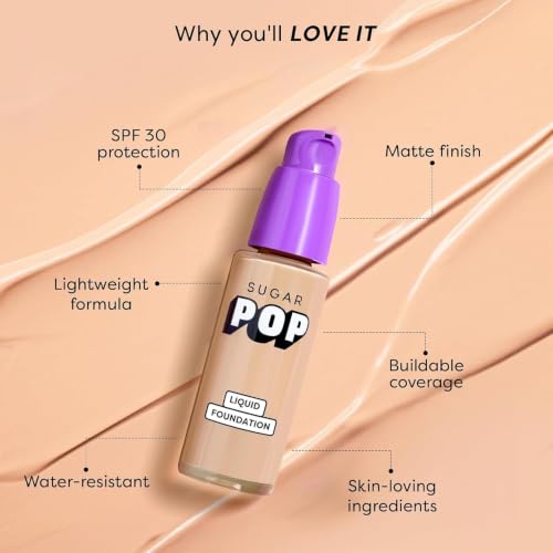 Image of SUGAR POP HD Liquid Foundation with SPF 30, Walnut | Full Coverage, Water-Resistant Matte Finish | Lasts Up to 16 Hours | 30 ml