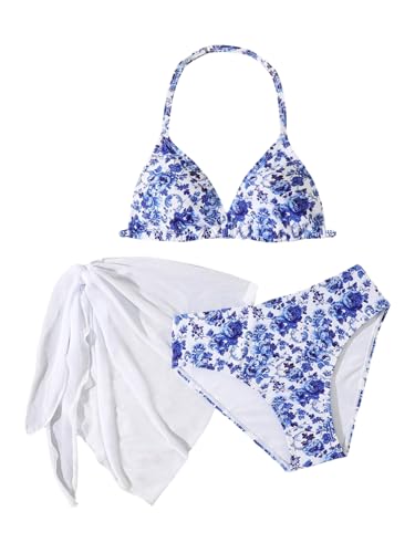 BEAUDRM Girl's 3 Piece Floral Print Halter Triangle Bikini Set Cute Swimsuits with Cover Up Beach Skirt Blue and White 8 Years