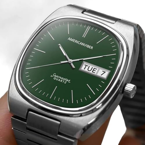 Image of AMERICANVIBER Men's Stainless Steel Classic Analog Watch, Casual & Business, with Cushion Case Dial and Day-Date Display