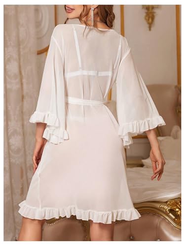 OYOANGLE Women's Sheer Ruffle 3/4 Sleeve Belted Kimono Wedding Bride Robe Nightgowns2