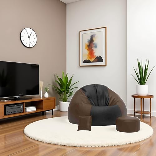 Image of 4XL Faux Leather Bean Bag Cover Set with Matching Footrest and Cushion - No Filling, Great for Home, Office, and Gaming Lounge, Brown & Black (Only Cover)