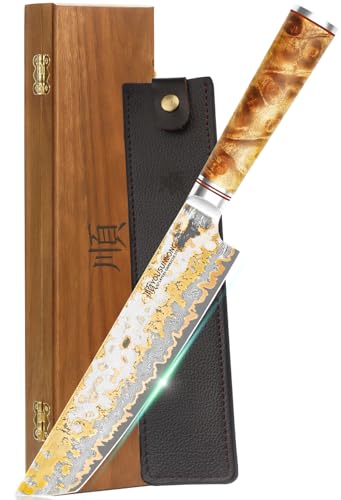 YOUSUNLONG Tanto Kitchen Knife - 8 Inch Japanese Handmade Chef Knife - Razor Sharp Copper Damascus Steel Blade - Cleaver Carving Knife - Naturel Burl Wooden Handle with Leather