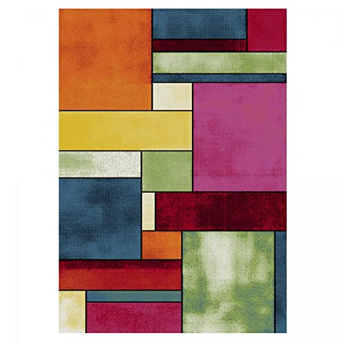 UnAmourDeTapis Tapis Accueil, 100 X 100 Cm, Forme Carré Idéale, Motif Géométrique Patchwork, Multicolore Vert Bleu Rouge, Tissé en Turquie, Poils Ras,...